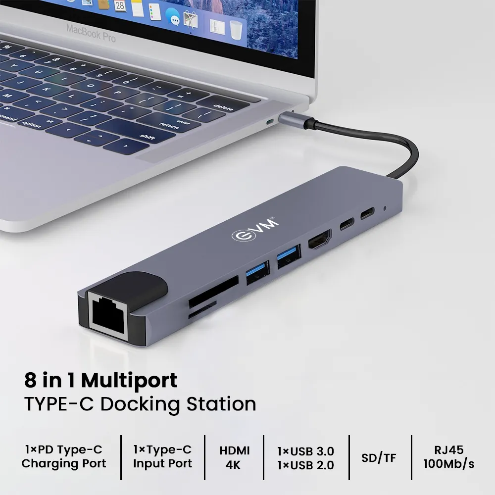 EVM TYPE C HUB Dock 8 in 1 (HDMI | USB | LAN | TF | SD CARD | TYPE-C) view 2